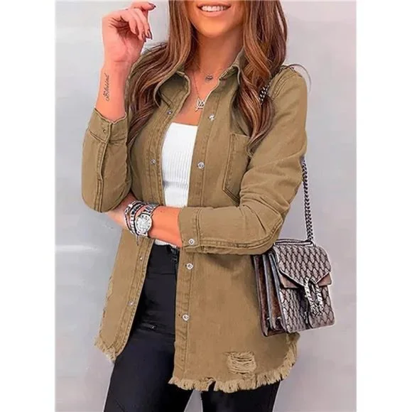 WOMEN'S Oversized Denim Jacket Casual Long A1 Brown